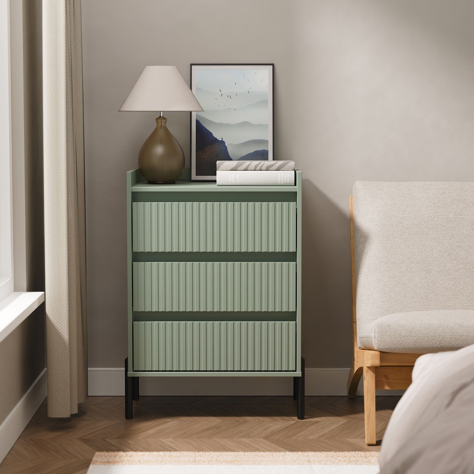 Kenton 3 Drawer Compact Chest Reed Green from Roseland Furniture