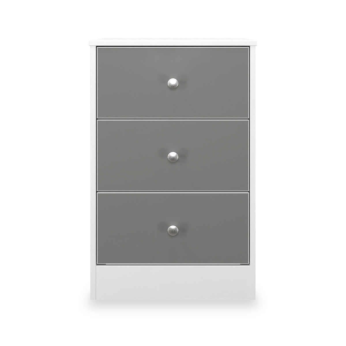 Bennet-3-Drawer-Bedside-Table-Grey-&-White Front1 from Roseland Furniture