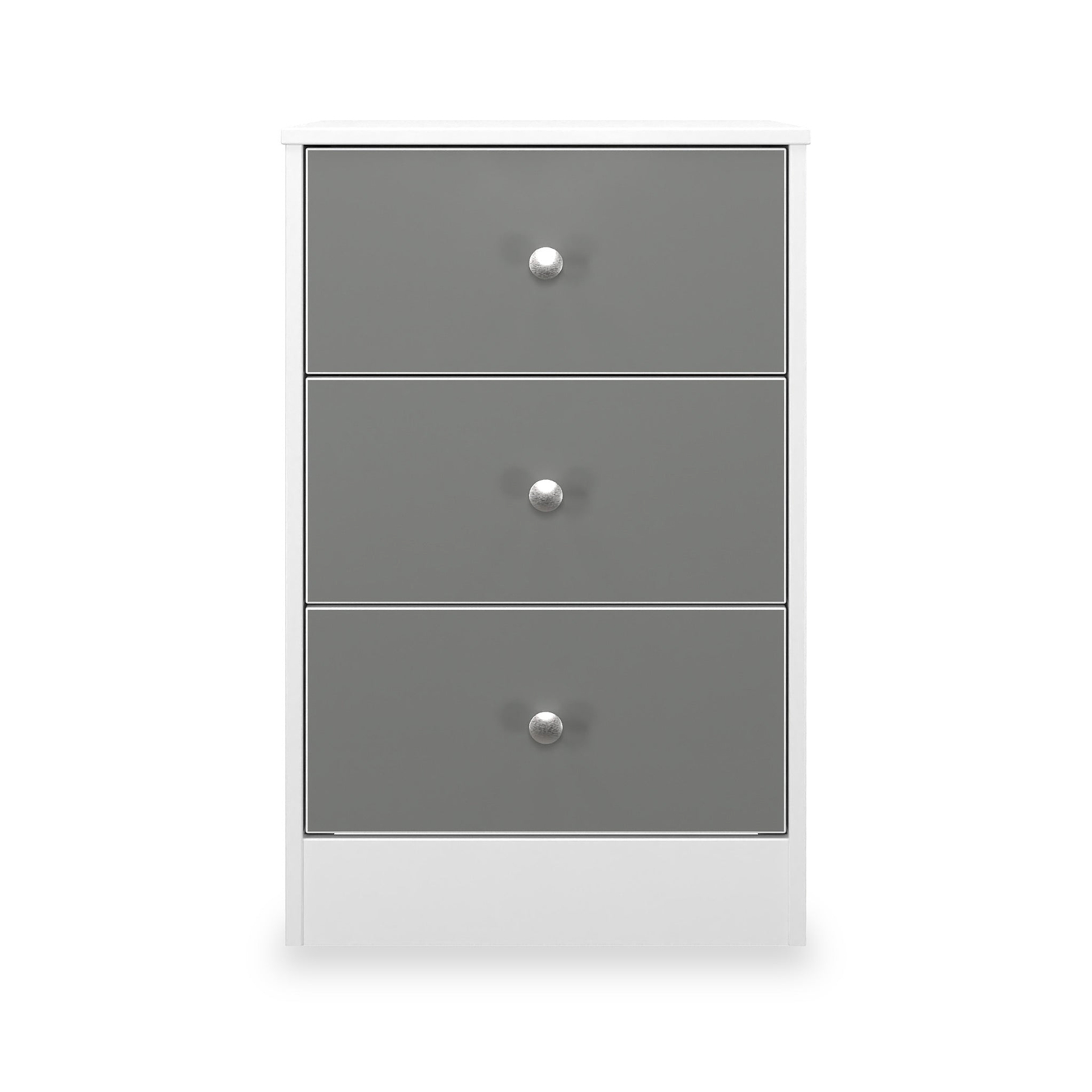 Bennet-3-Drawer-Bedside-Table-Grey-&-White Front1 from Roseland Furniture