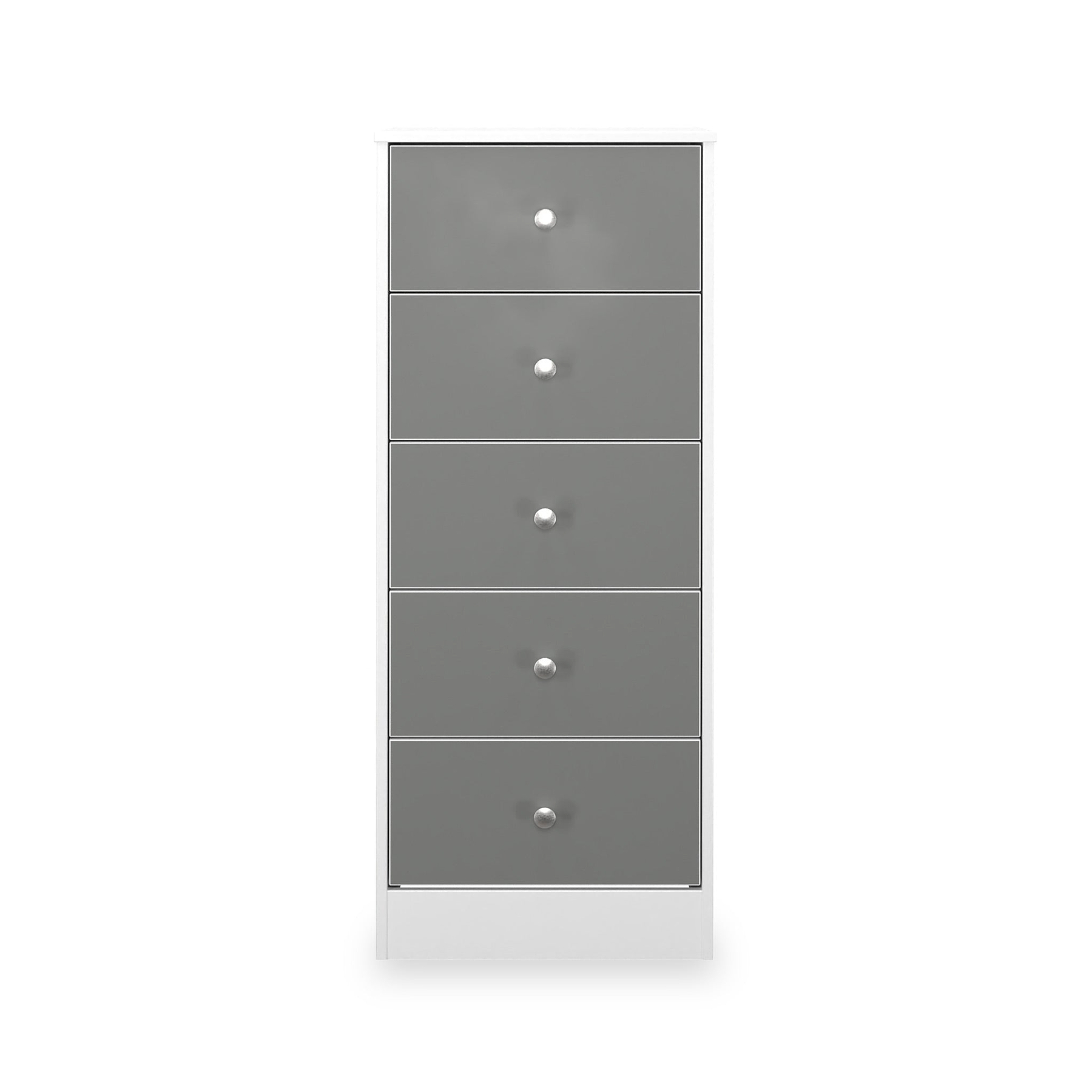 Bennet-5-Drawer-Tallboy-Chest-Grey-&-White Front1 from Roseland Furniture