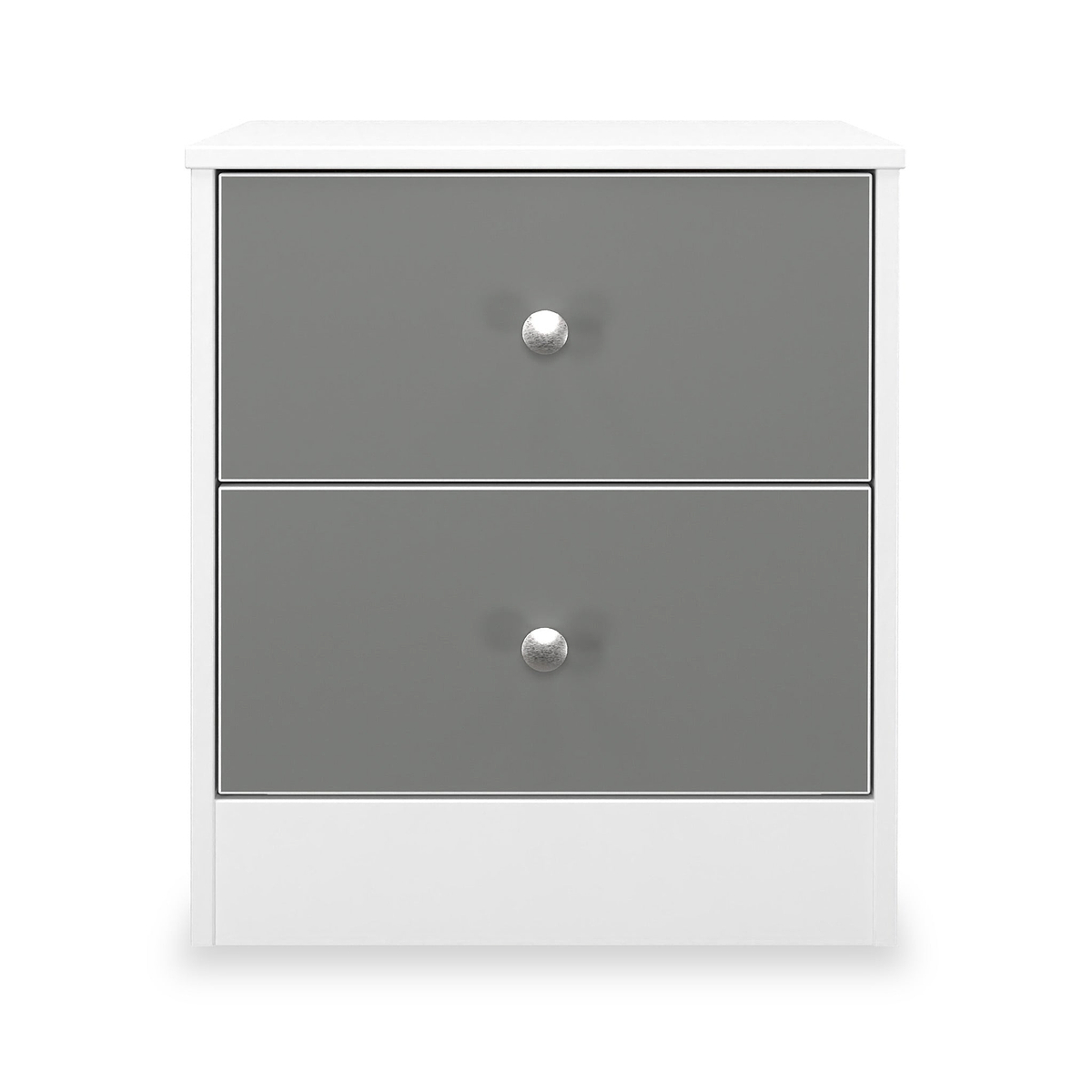 Bennet-2-Drawer-Bedside-Table-Grey-&-White Front1 from Roseland Furniture