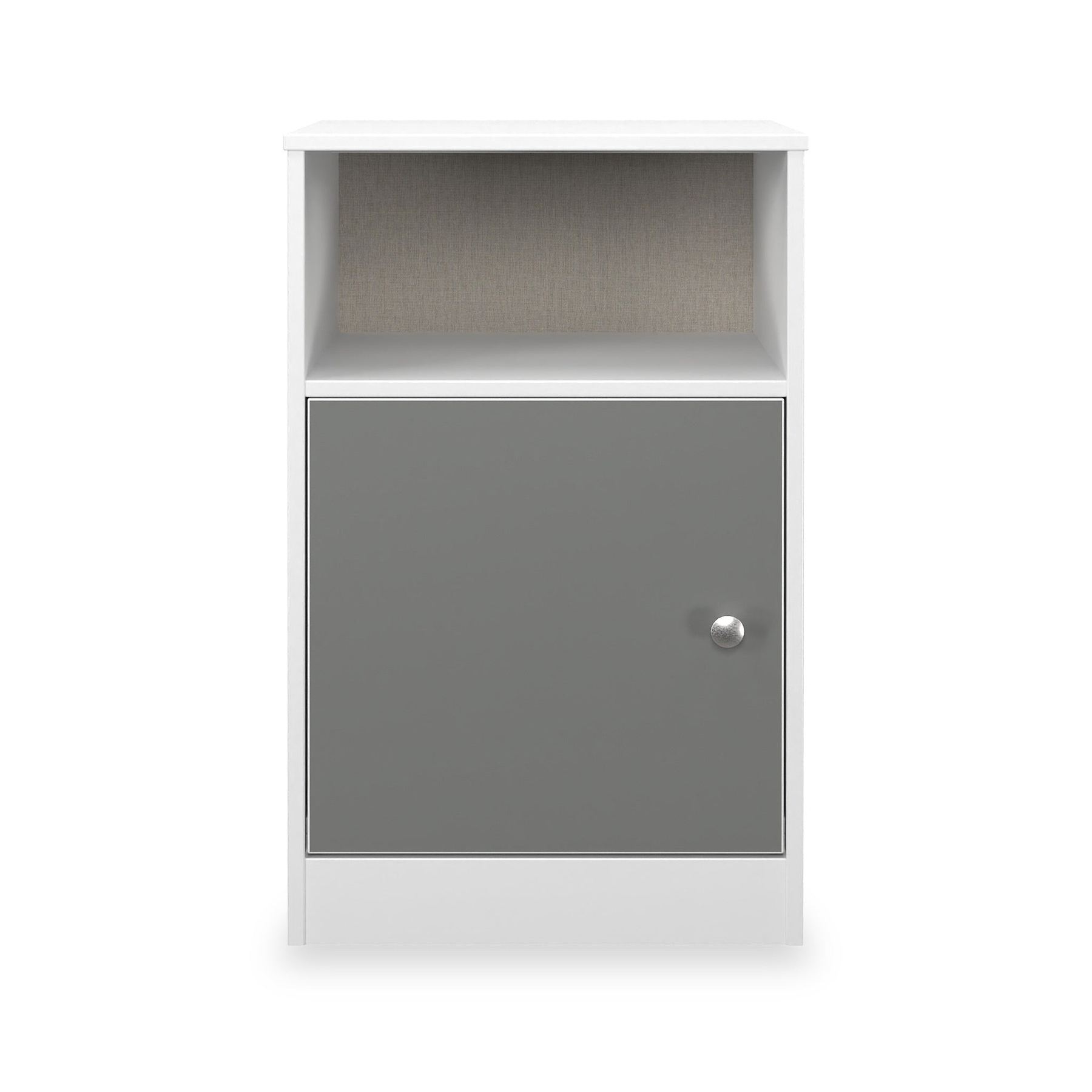 Bennet-1-Door-Bedside-Table-Grey-&-White Front1 from Roseland Furniture