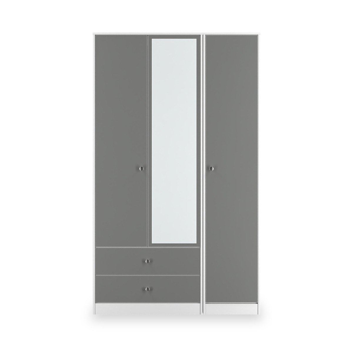 Bennet-Tall-Triple-2-Drawer-Mirrored-Wardrobe-Grey-&-White Front1 from Roseland Furniture