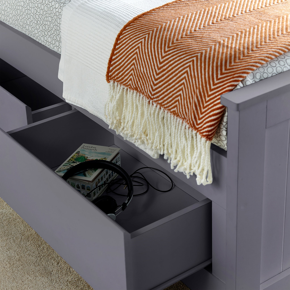 Emelia Wooden 3 Drawer and Shelving storage Bed Frame Grey from Roseland Furniture