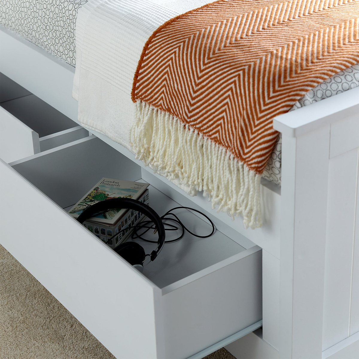 Emelia Wooden 3 Drawer and Shelving storage Bed Frame White from Roseland Furniture