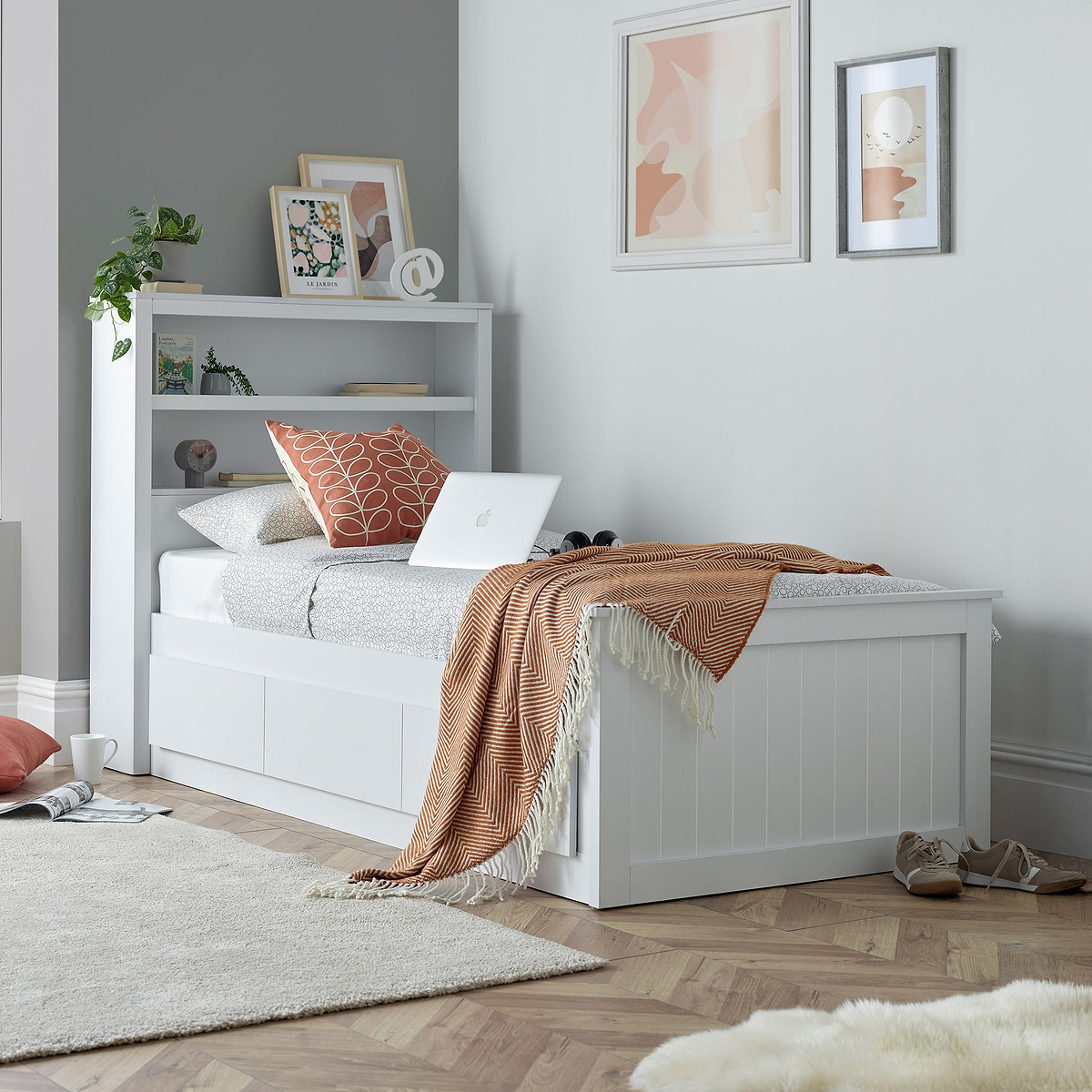 Emelia Wooden 3 Drawer and Shelving storage Bed Frame White from Roseland Furniture