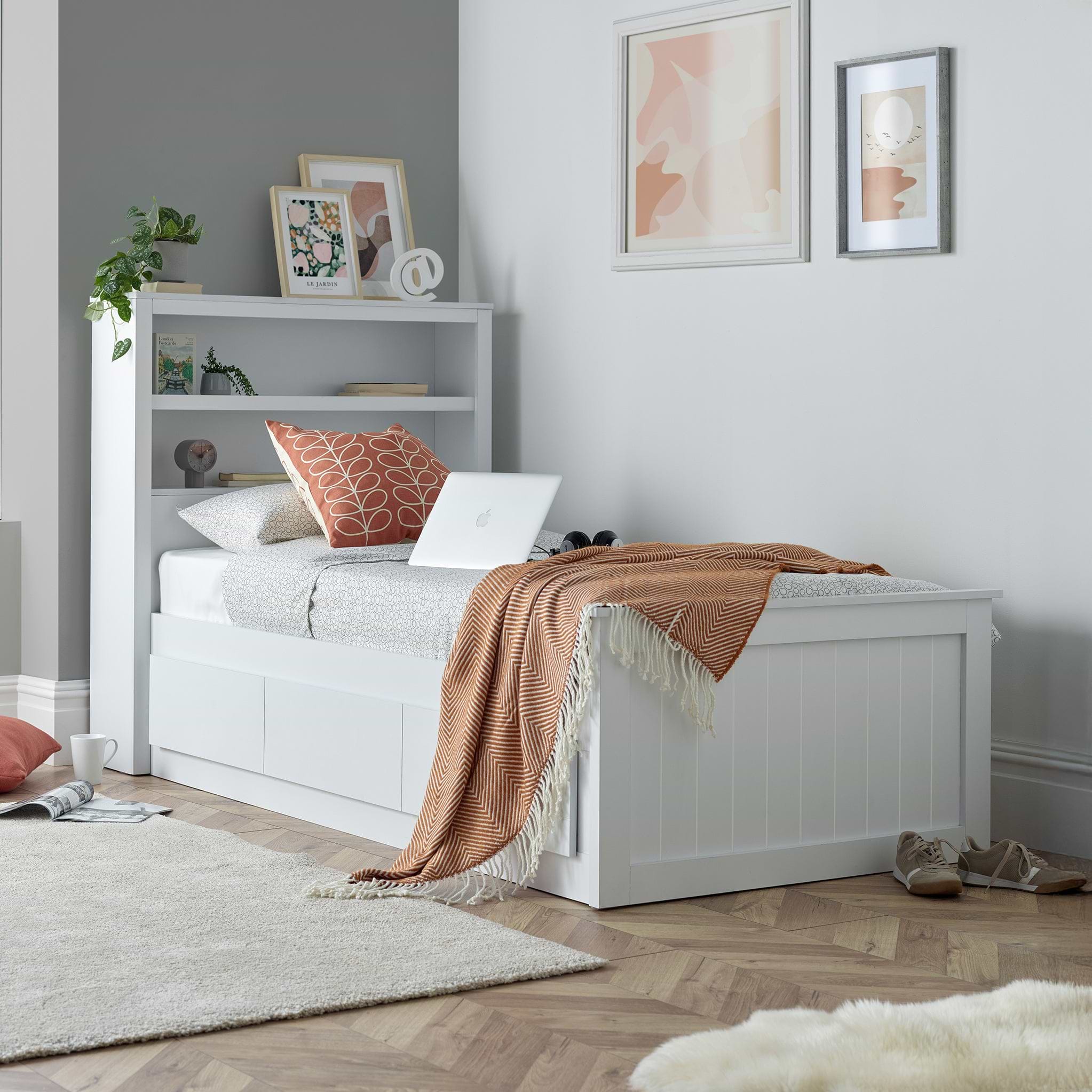 Emelia Wooden 3 Drawer and Shelving storage Bed Frame White from Roseland Furniture