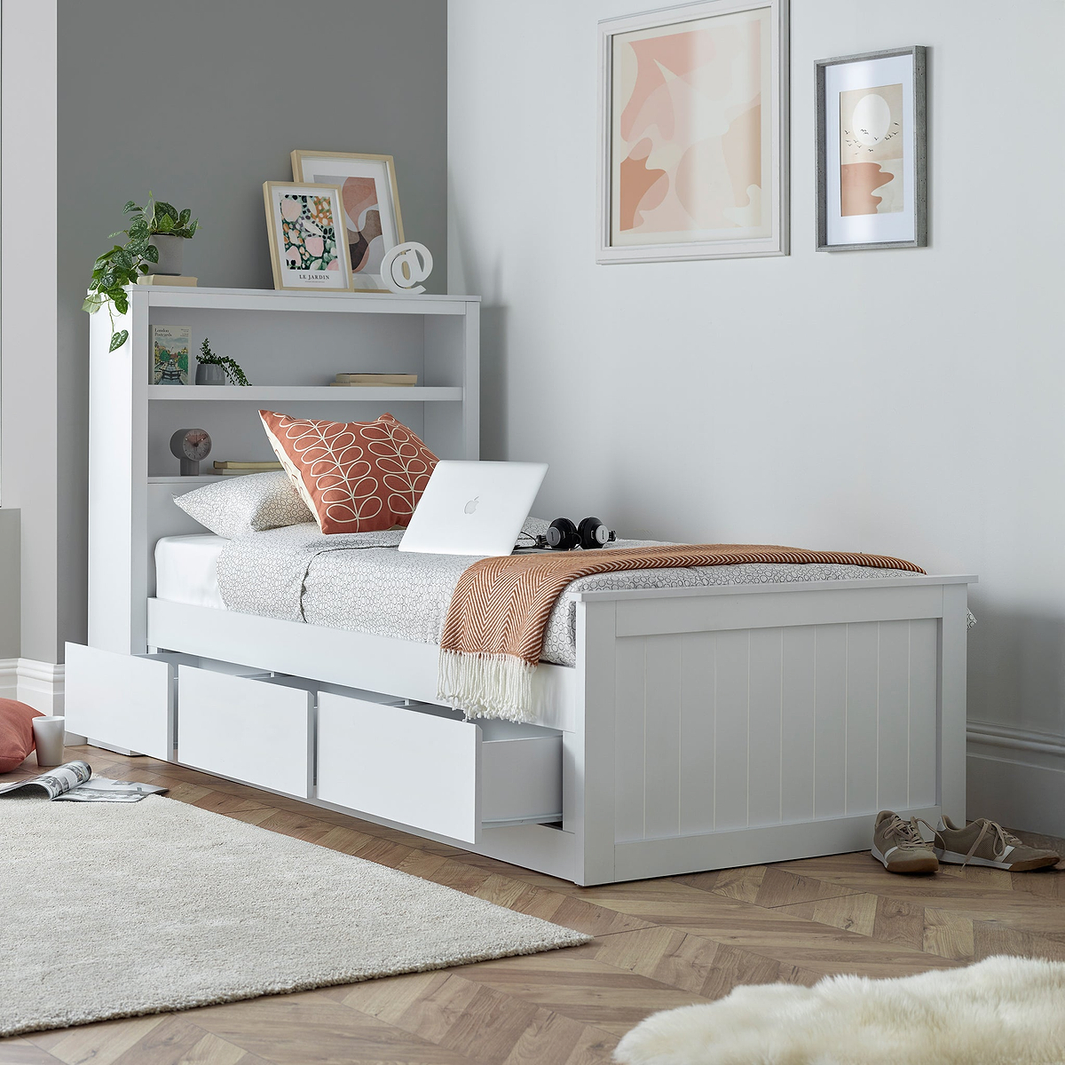 Emelia Wooden 3 Drawer and Shelving storage Bed Frame White from Roseland Furniture