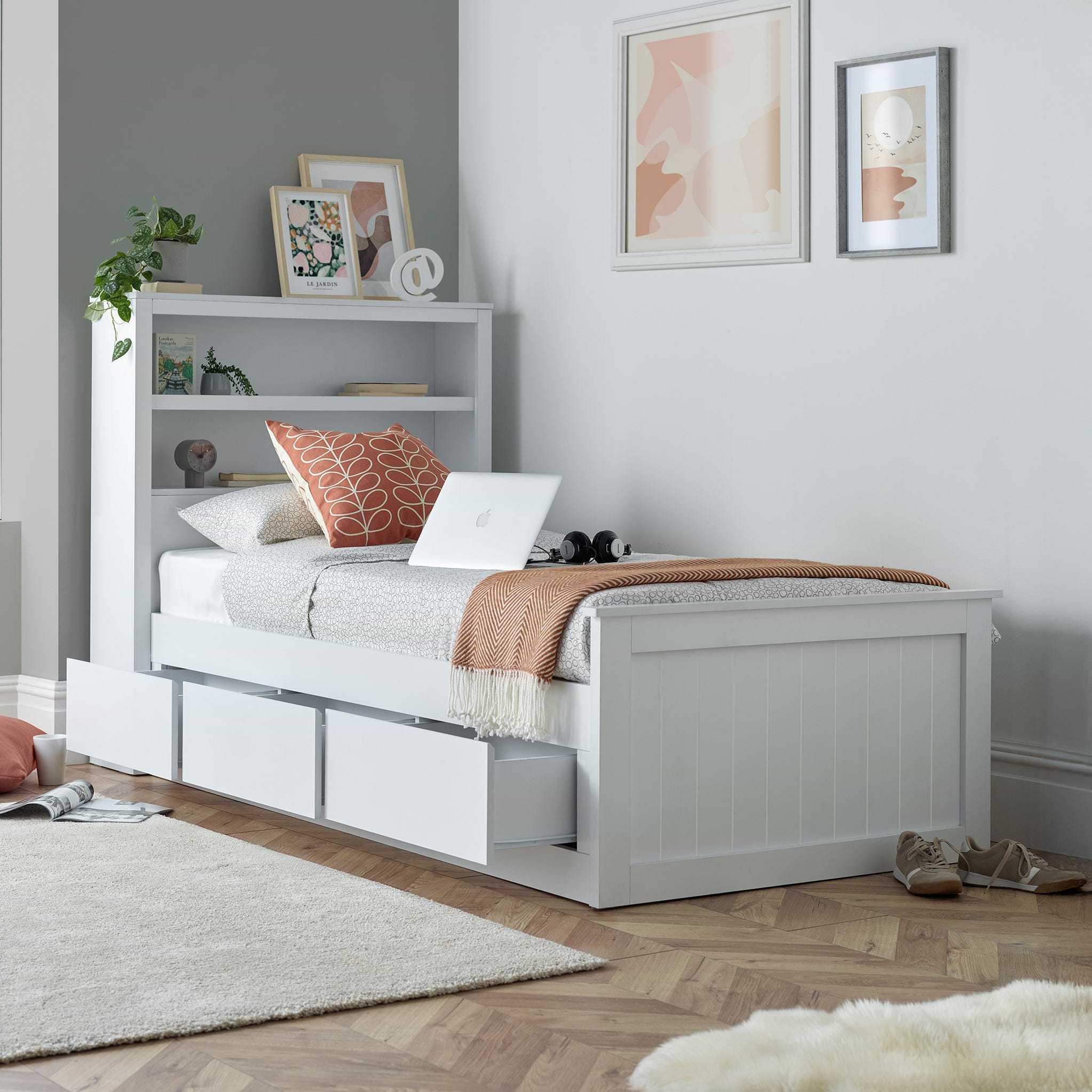 Emelia Wooden 3 Drawer and Shelving storage Bed Frame White from Roseland Furniture