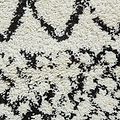 A close-up of a textured rug with a black and white geometric pattern, primarily featuring diamond shapes and zigzag lines.
