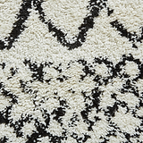 A close-up of a textured rug with a black and white geometric pattern, primarily featuring diamond shapes and zigzag lines.