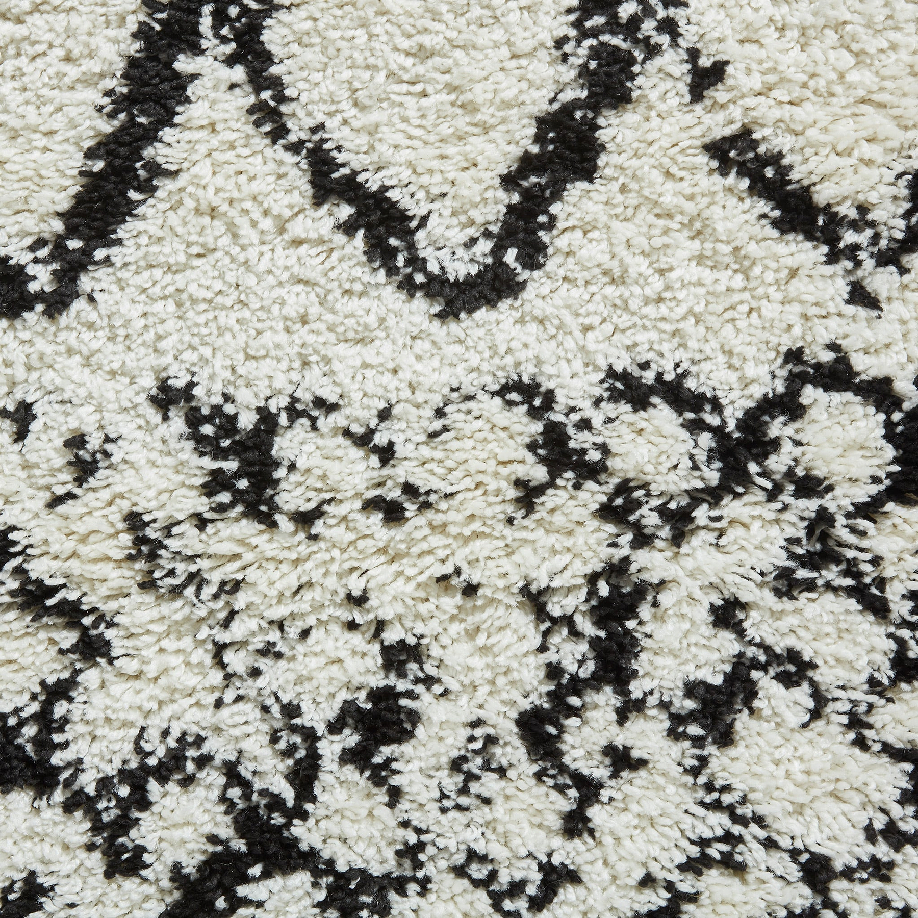 A close-up of a textured rug with a black and white geometric pattern, primarily featuring diamond shapes and zigzag lines.
