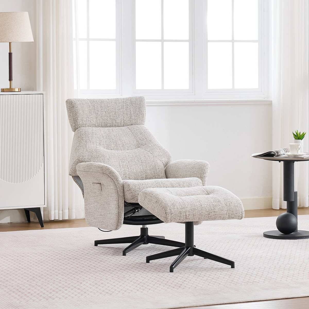 Marlowe Swivel Chair and Footstool Beige from Roseland Furniture