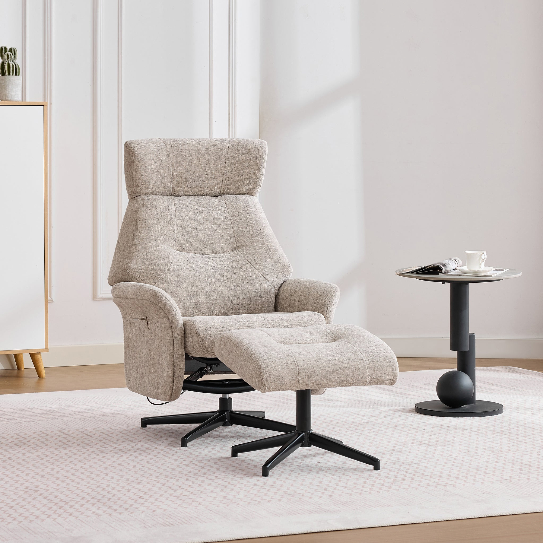 Marlowe Swivel Chair and Footstool Oatmeal Close1 from Roseland Furniture