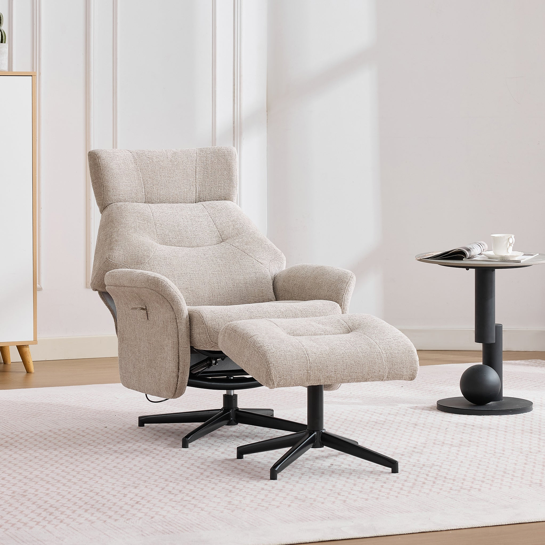 Marlowe Swivel Chair and Footstool Oatmeal Close1 from Roseland Furniture