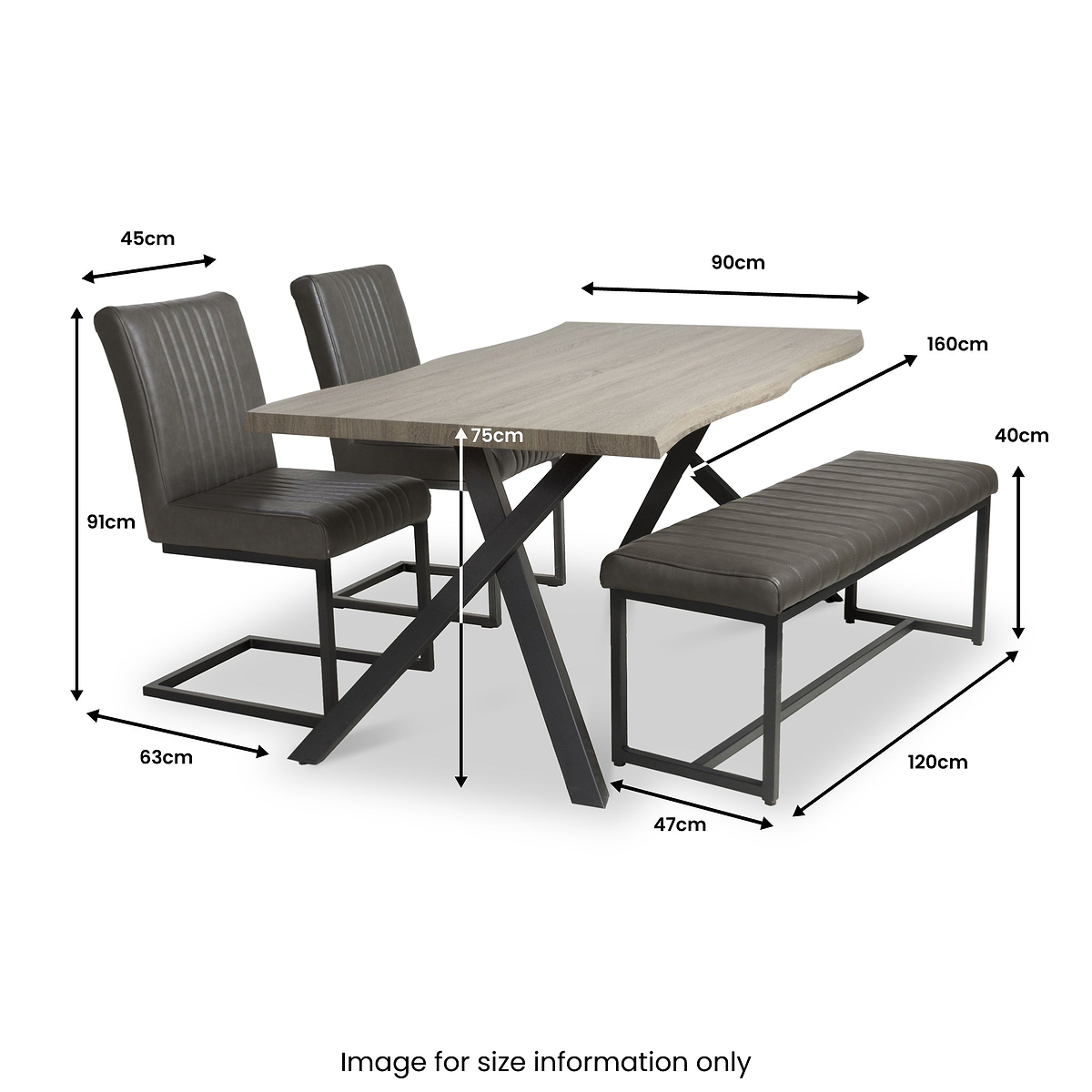 Fowey 160cm Pine Effect Dining Table with Bench & 2 Dining Chairs dimensions