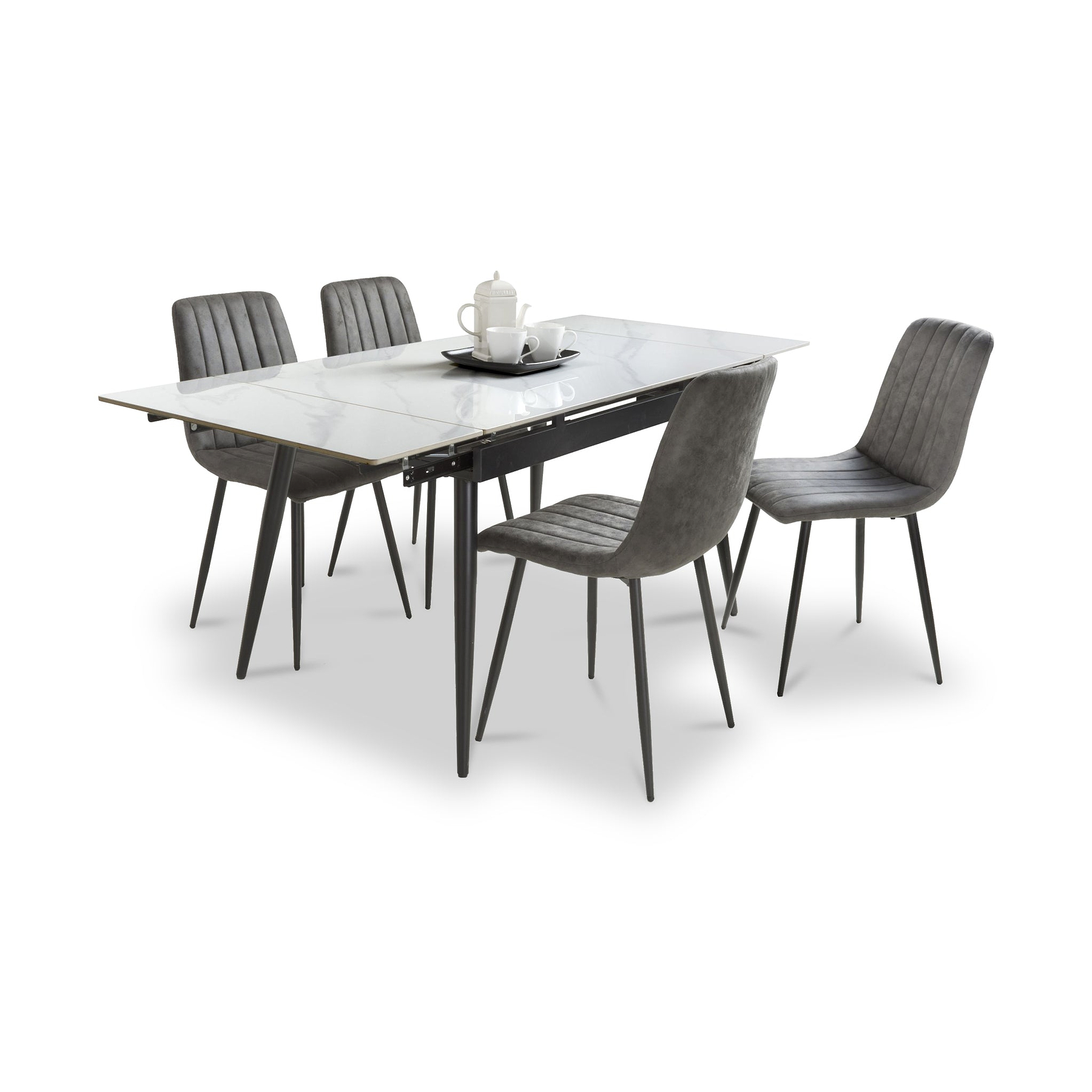 Redruth 120cm-180cm Ceramic Extending Dining Table with 4 Dining Chairs from Roseland Furniture