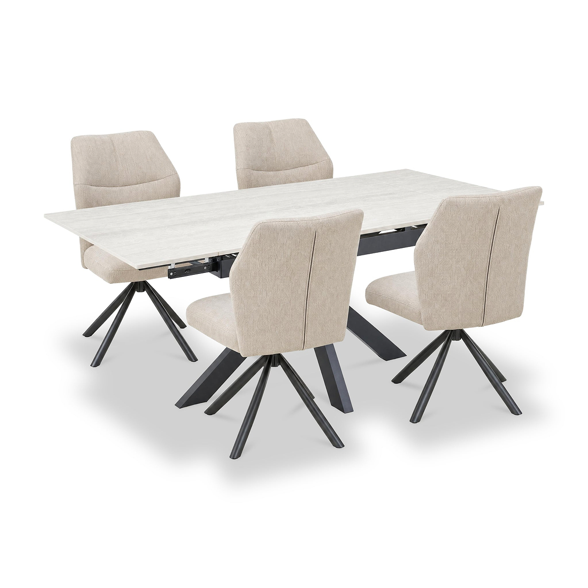 Vista 120cm 180cm Extending Ceramic Table with 4 Sedna Dining Chairs from Roseland Furniture