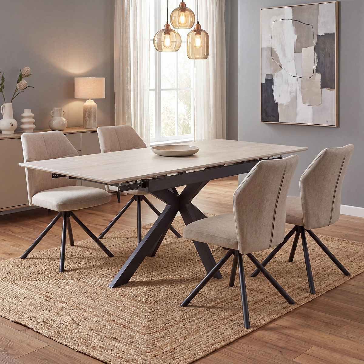 Vista 120cm 180cm Extending Ceramic Table with 4 Sedna Dining Chairs from Roseland Furniture