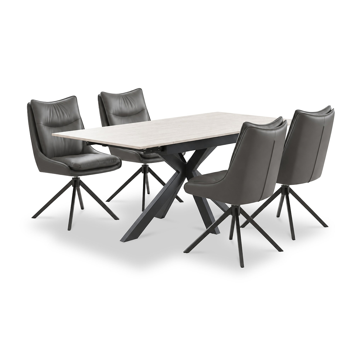 Vista 120cm 180cm Extending Ceramic Table with 4 Sable Dining Chairs Grey from Roseland Furniture
