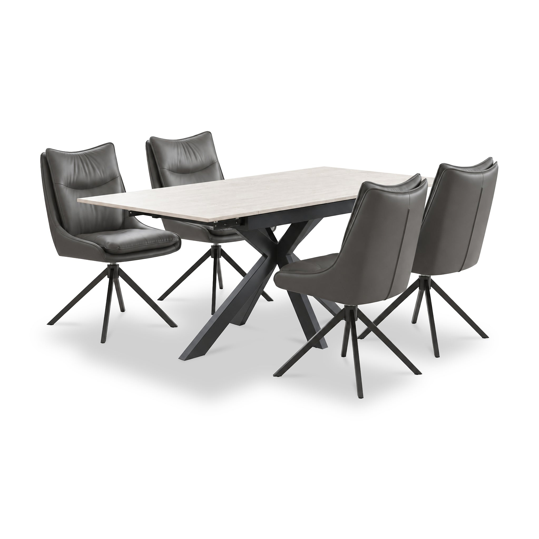 Vista 120cm 180cm Extending Ceramic Table with 4 Sable Dining Chairs Grey from Roseland Furniture