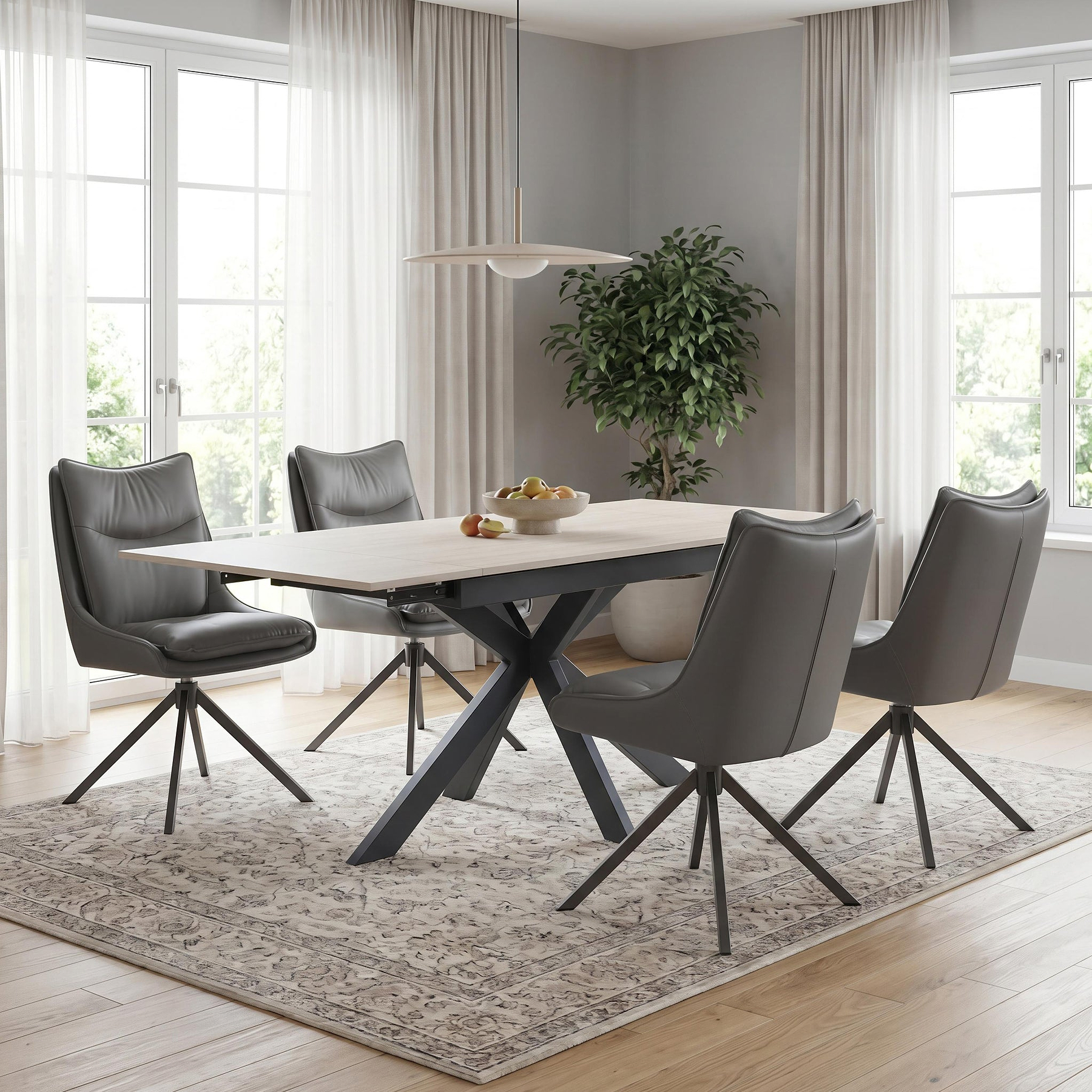 Vista 120cm 180cm Extending Ceramic Table with 4 Sable Dining Chairs Grey from Roseland Furniture