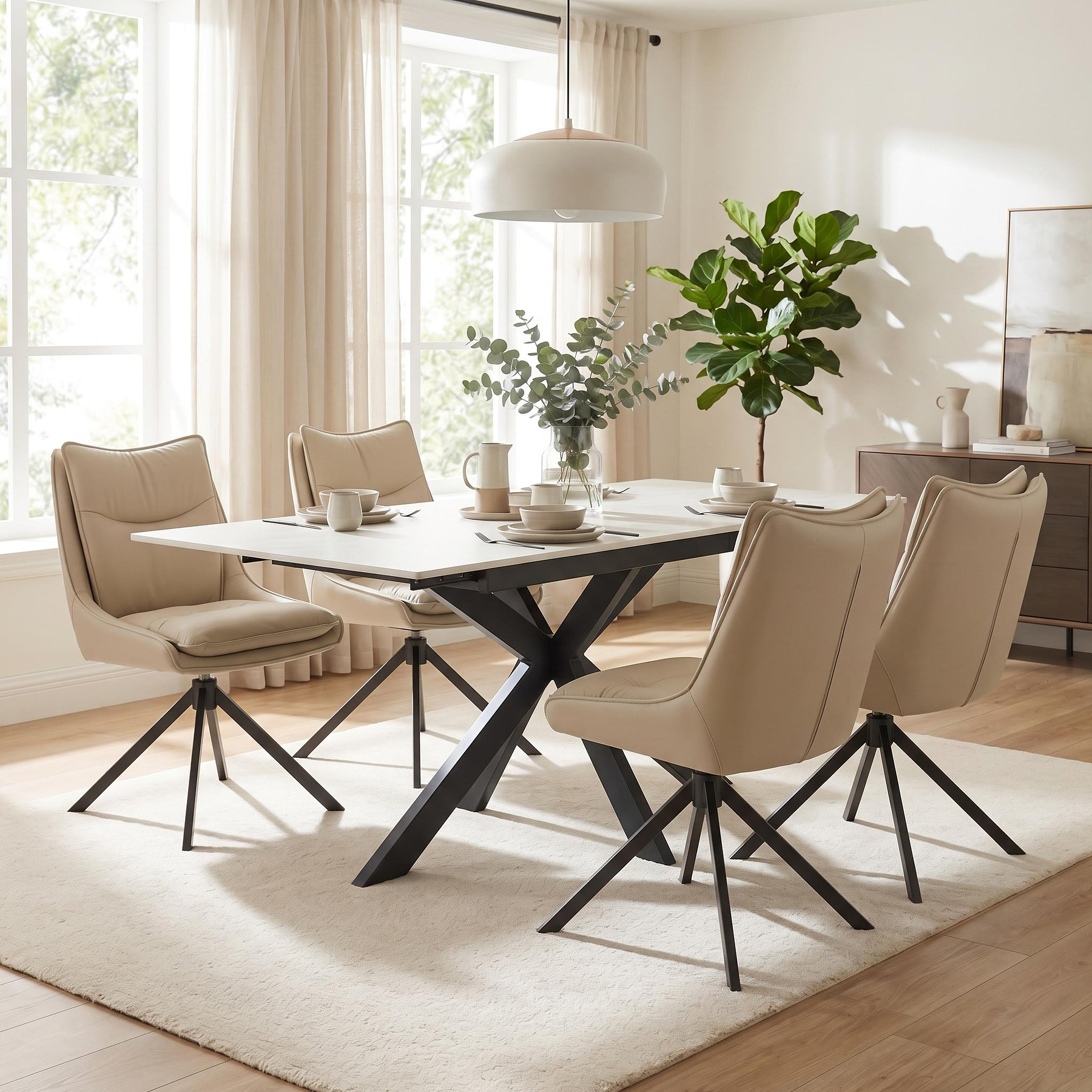 Vista 120cm 180cm Extending Ceramic Table with 4 Sable Dining Chairs Stone from Roseland Furniture