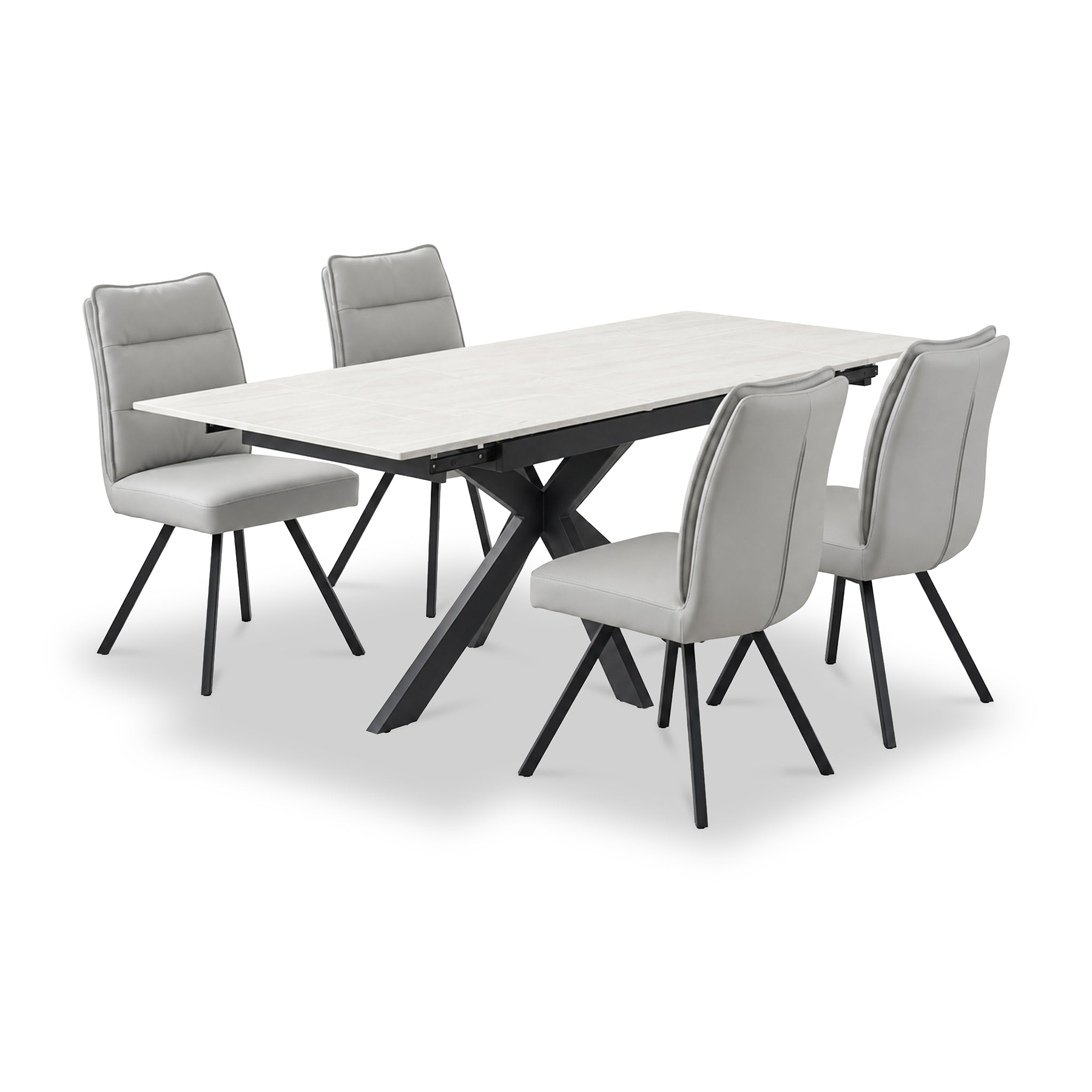 Vista 120cm 180cm Extending Ceramic Table with 4 Tate Dining Chairs Light Grey from Roseland Furniture
