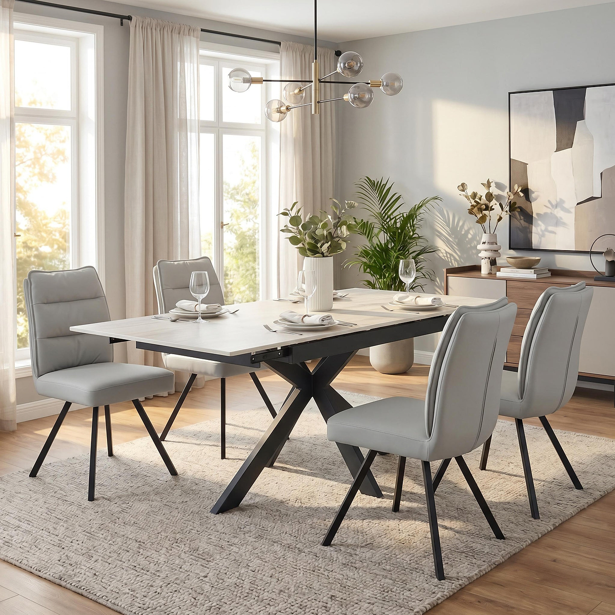 Vista 120cm 180cm Extending Ceramic Table with 4 Tate Dining Chairs Light Grey from Roseland Furniture