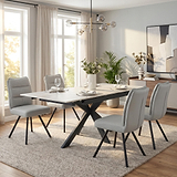 Vista 120cm 180cm Extending Ceramic Table with 4 Tate Dining Chairs Light Grey from Roseland Furniture