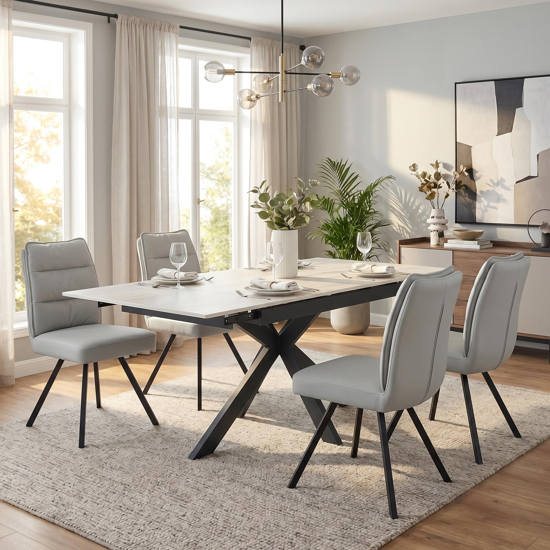 Vista 120cm 180cm Extending Ceramic Table with 4 Tate Dining Chairs Light Grey from Roseland Furniture