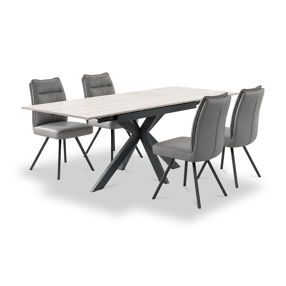 Vista 120cm 180cm Extending Ceramic Table with 4 Tate Dining Chairs Dark Grey from Roseland Furniture