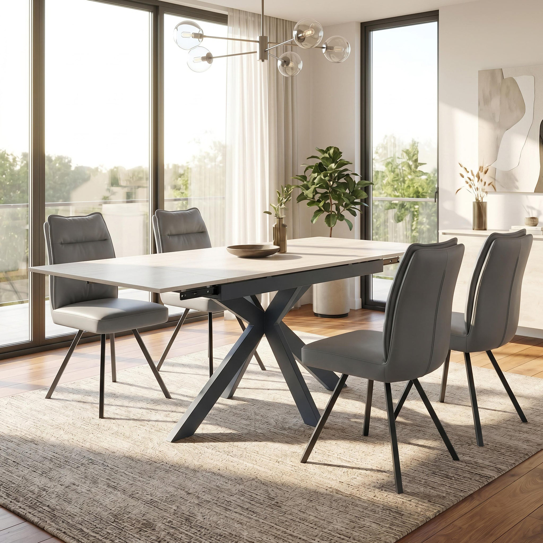 Vista 120cm 180cm Extending Ceramic Table with 4 Tate Dining Chairs Dark Grey from Roseland Furniture