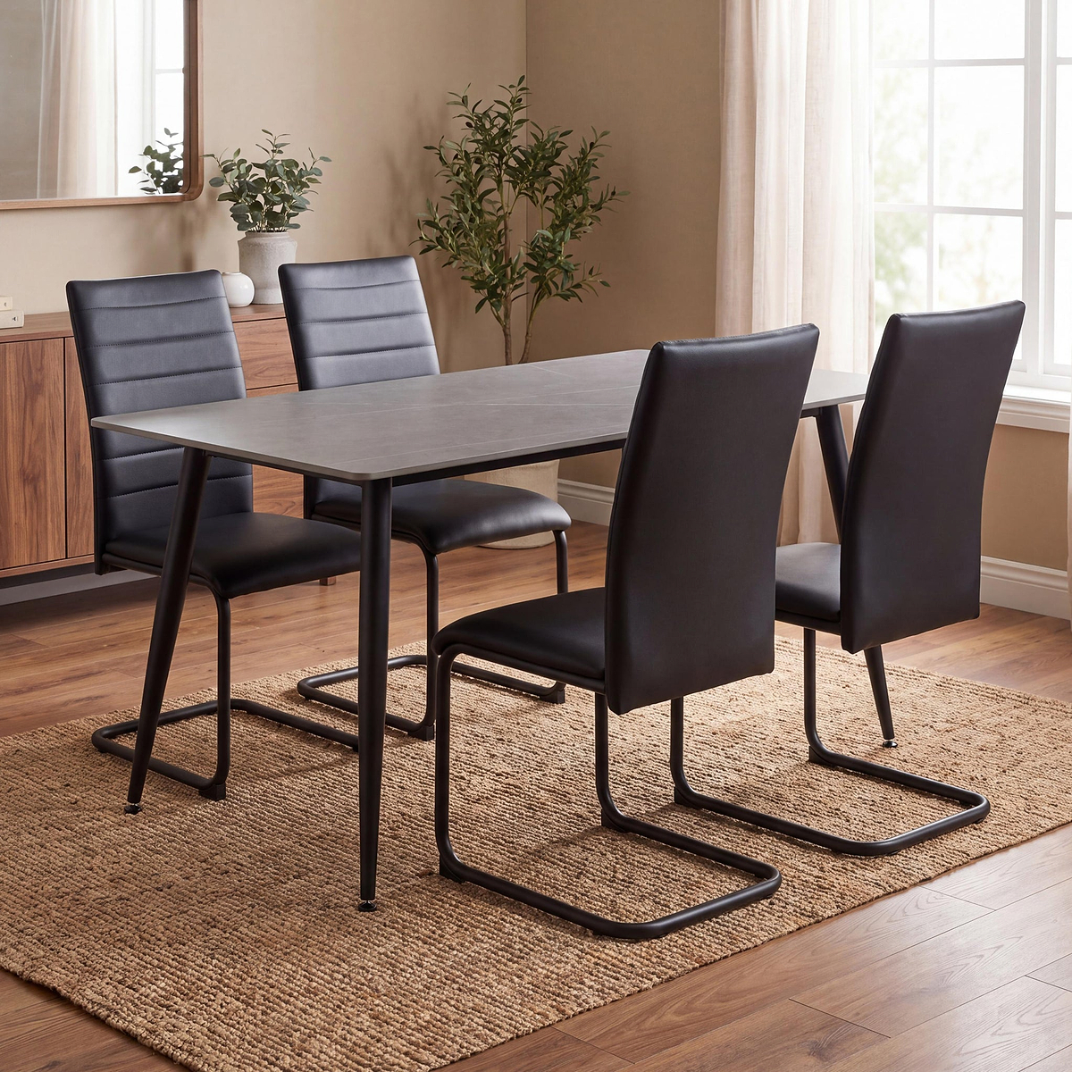 Avaston 120cm Grey Dining Table with 4 Aeron Black Dining Chairs from Roseland Furniture