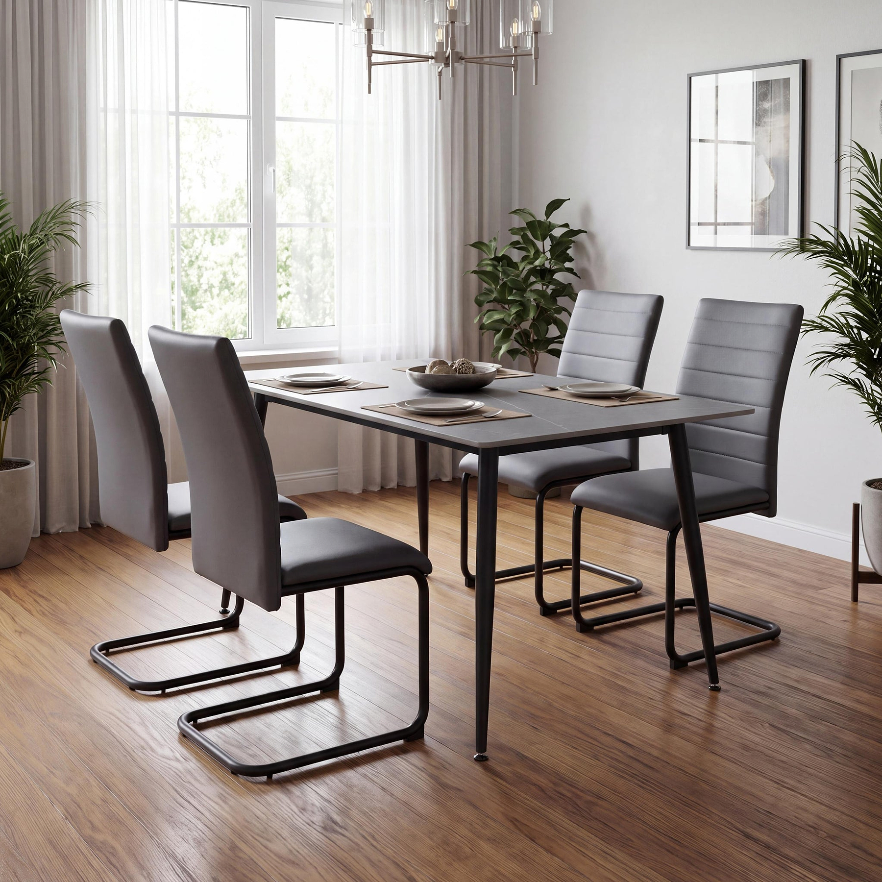 Avaston 120cm Grey Dining Table with 4 Aeron Grey Dining Chairs from Roseland Furniture