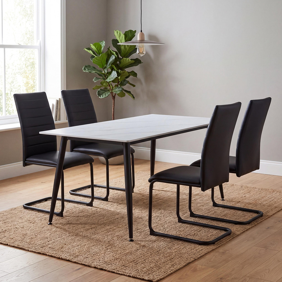 Avaston 120cm White Dining Table with 4 Aeron Black Dining Chairs from Roseland Furniture