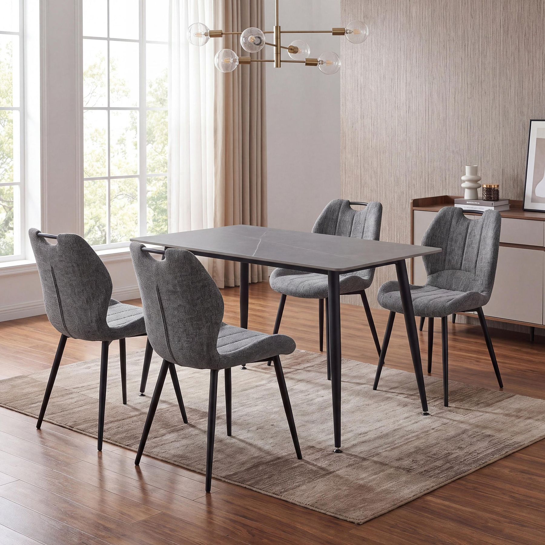 Avaston 120cm Grey Dining Table with 4 Delvine Dining Chairs from Roseland Furniture
