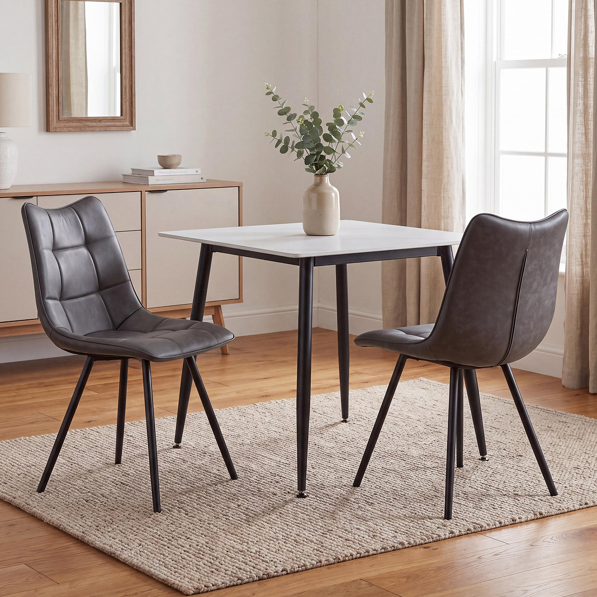 Avaston 80cm Square White Dining Table with 2 Zeno Dining Chairs from Roseland Furniture
