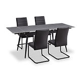 Avaston 120cm 180cm Extending Grey Table with 4 Black Dining Chairs from Roseland Furniture