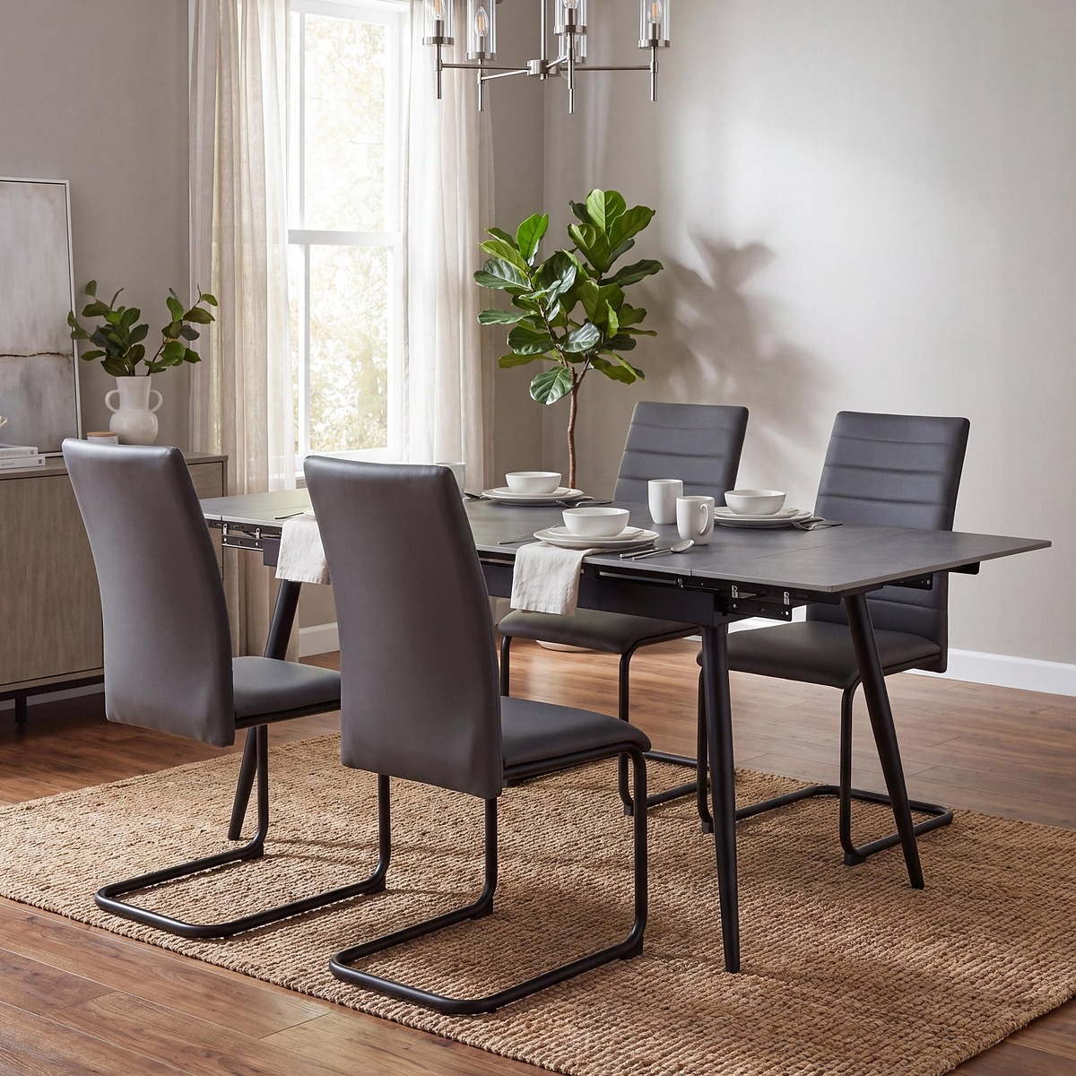 Avaston 120cm 180cm Extending Grey Table with 4 Grey Dining Chairs from Roseland Furniture