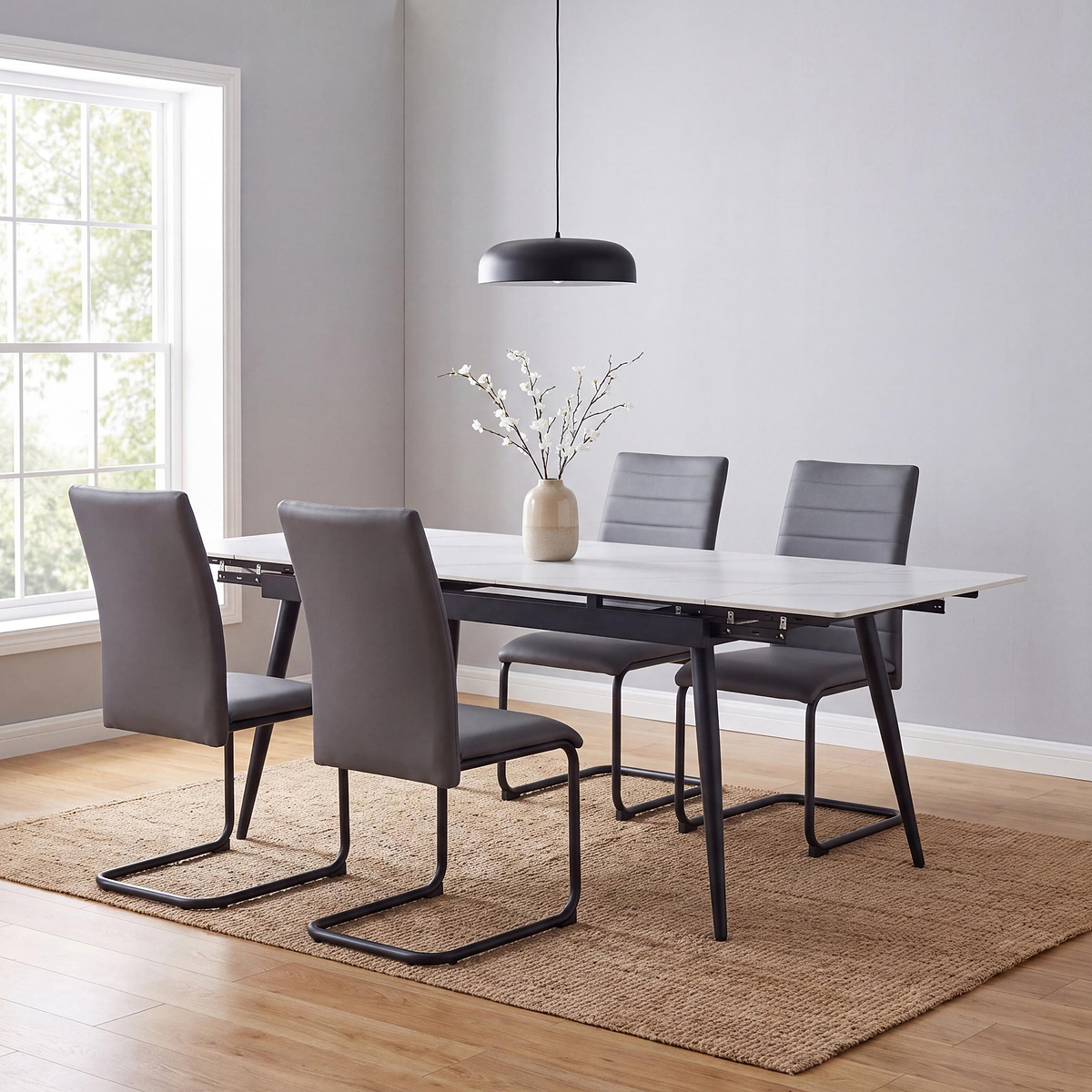 Avaston 120cm 180cm Extending White Table with 4 Grey Dining Chairs from Roseland Furniture