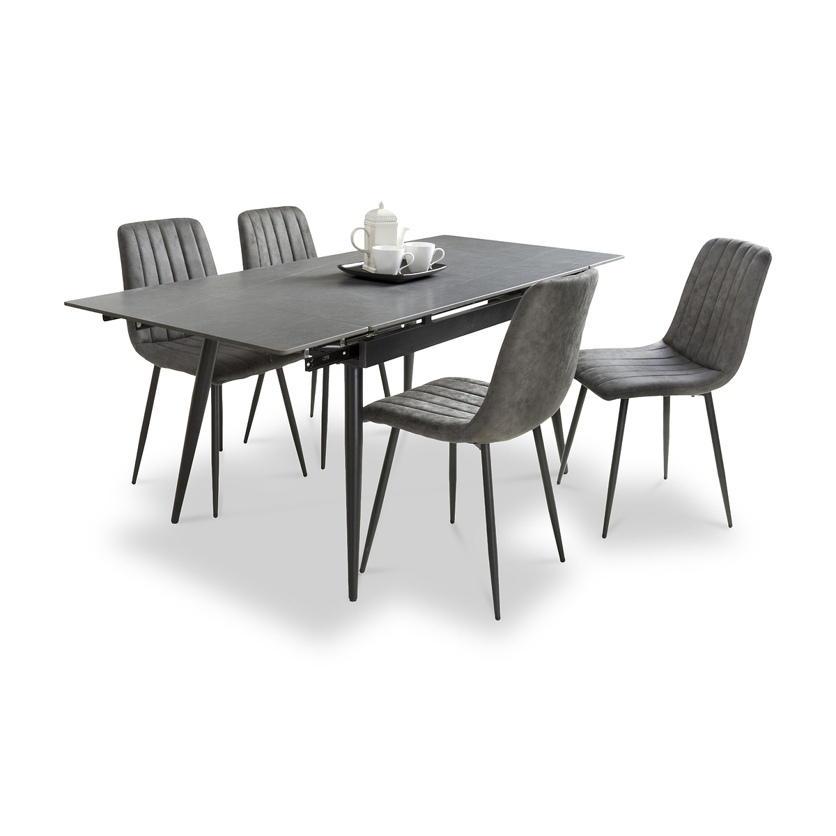 Avaston 120cm-180cm Grey Extending Dining Table with 4 Grey Luna Dining Chairs from Roseland Furniture