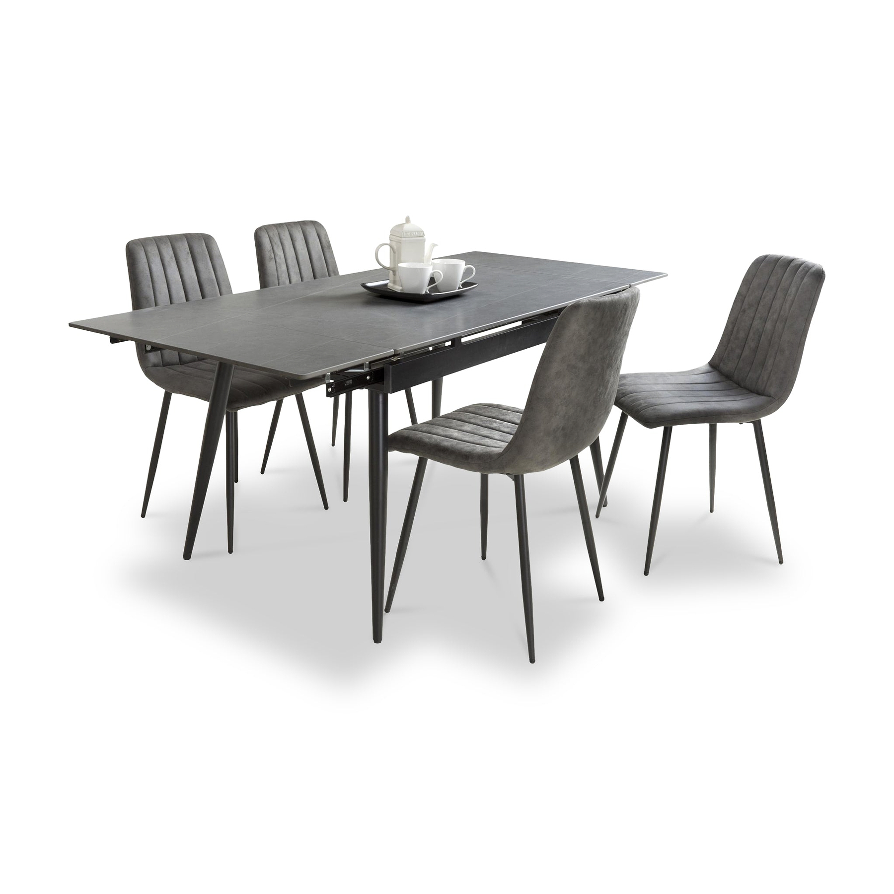 Avaston 120cm-180cm Grey Extending Dining Table with 4 Grey Luna Dining Chairs from Roseland Furniture