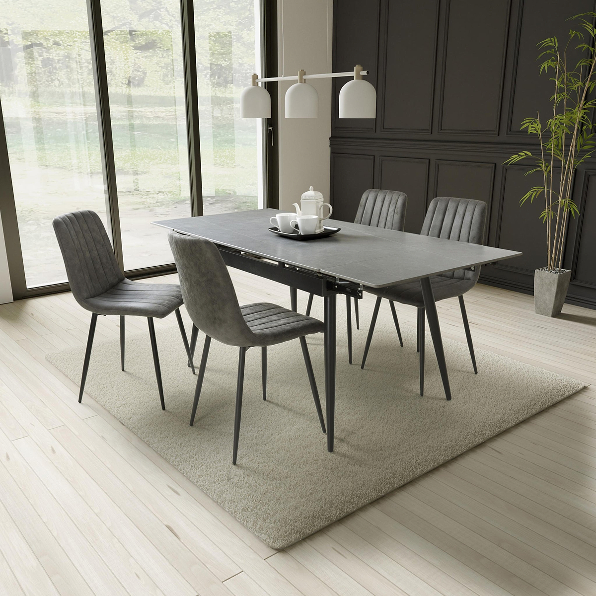 Avaston 120cm-180cm Grey Extending Dining Table with 4 Grey Luna Dining Chairs from Roseland Furniture