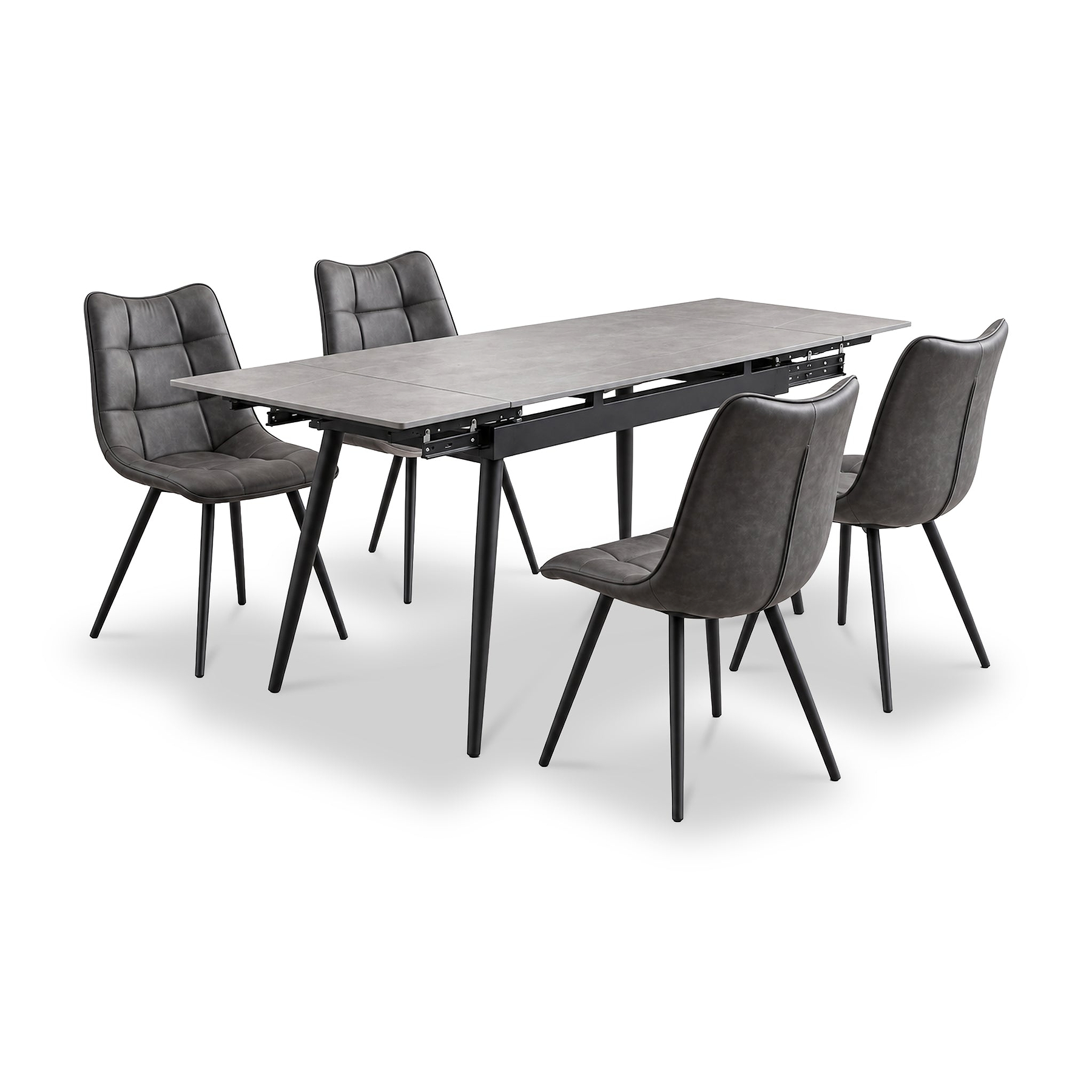 Avaston 120cm 180cm Extending Grey Table with 4 Zeno Dining Chairs from Roseland Furniture