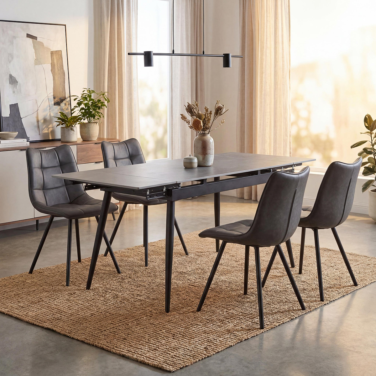 Avaston 120cm 180cm Extending Grey Table with 4 Zeno Dining Chairs from Roseland Furniture