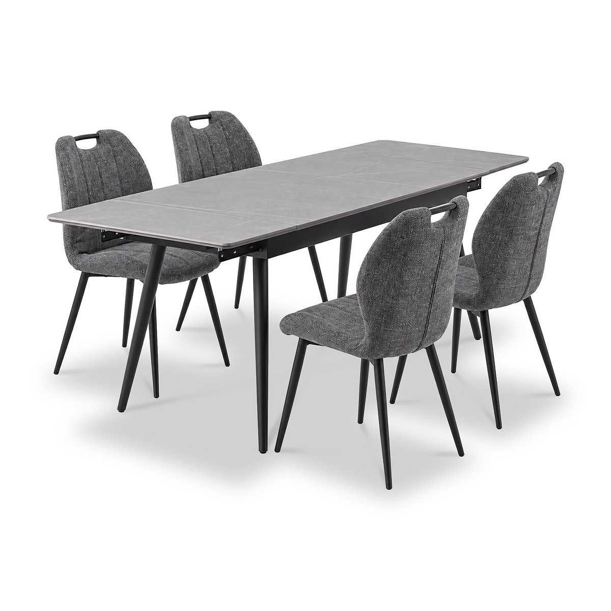 Avaston 120cm 180cm Extending Grey Table with 4 Delvine Dining Chairs from Roseland Furniture
