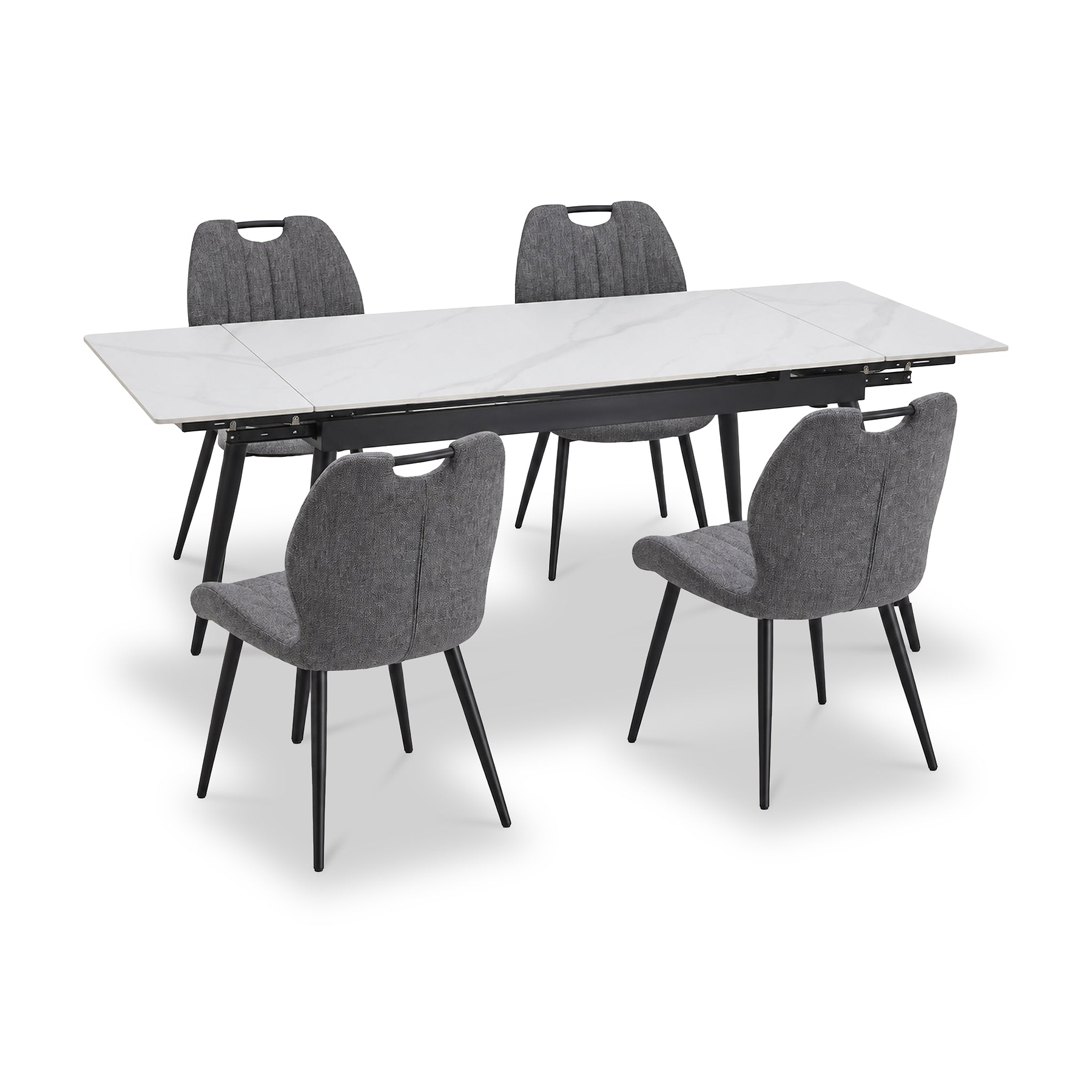 Avaston 120cm 180cm Extending White Table with 4 Delvine Dining Chairs from Roseland Furniture
