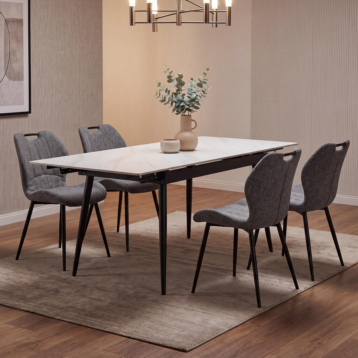 Avaston 120cm 180cm Extending White Table with 4 Delvine Dining Chairs from Roseland Furniture