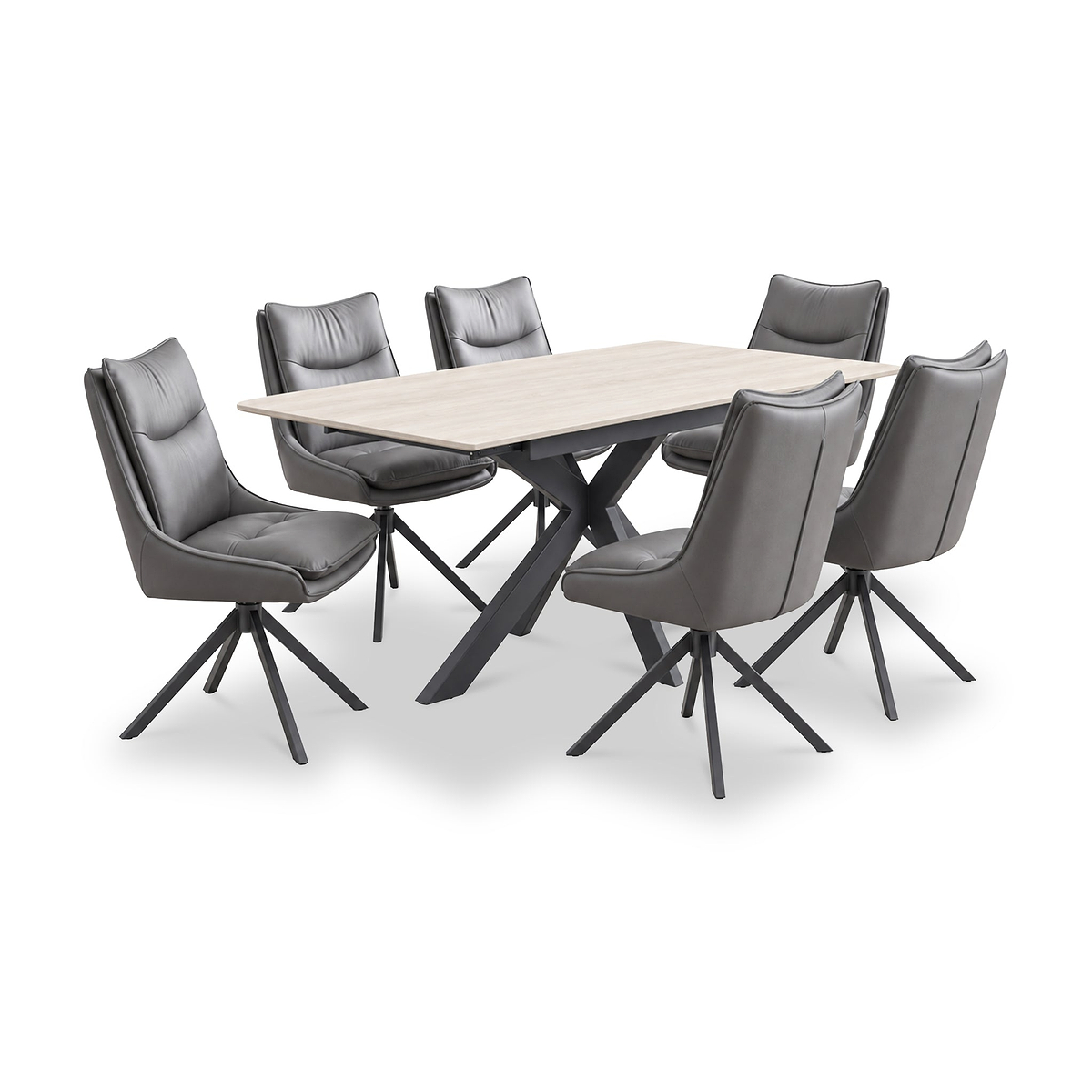 Vista 120cm 180cm Extending Ceramic Table with 6 Sable Dining Chairs Grey from Roseland Furniture